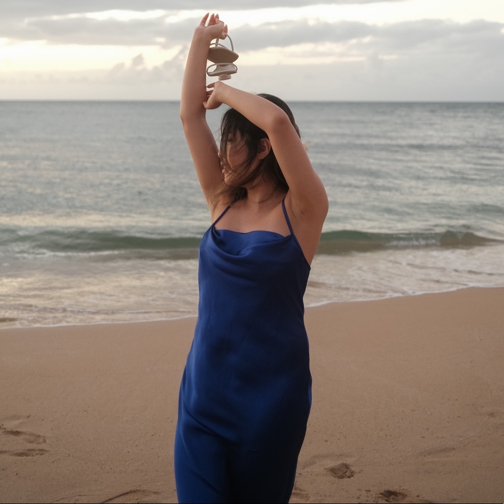 BEBE Satin Slip Cowl Neck Dress - Royal Blue